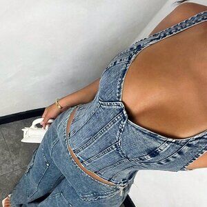Blue Sexy Women's Sleeveless Denim Casual Top With Backless Design